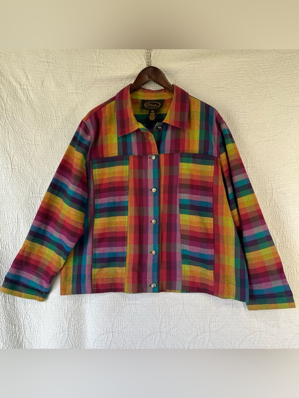 Alex Kim Colorful Rainbow Lightweight Jacket Petite Large Rayon Trucker Coat Vtg